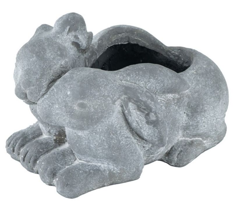 Gray fiberglass rabbit planter (30cm) for indoor/outdoor use, perfect for colorful blooms, herbs, or succulents.