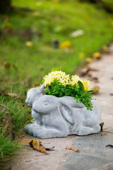 Charming 30cm rabbit planter in gray fibreglass resin, perfect for vibrant blooms, herbs, or succulents indoors or outdoors.