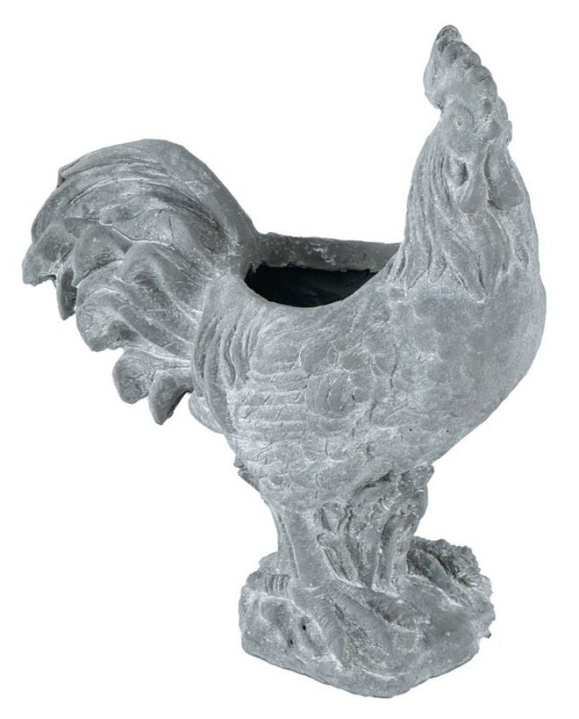 Charming 48cm rooster planter in neutral gray, perfect for showcasing flowers and herbs in any indoor or outdoor space.