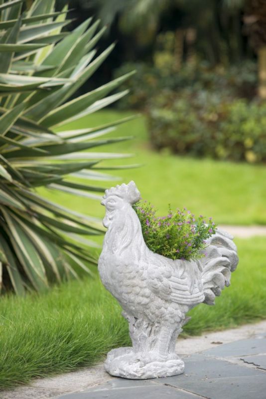 Charming 48cm rooster planter in durable fiberglass resin, perfect for indoor or outdoor plants and colorful blooms.