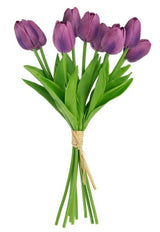 A vibrant 9 stem bundle of purple faux tulips, each 320mm tall, perfect for brightening any room or office decor.