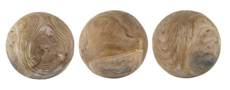 Set of three elegant teak balls showcasing natural wood grain, perfect for modern decor and versatile arrangement options.