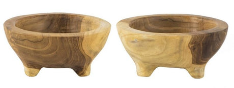 Petite teak bowl with elevated legs, showcasing unique grain and warmth, perfect for decor and catch-all uses.