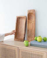 Teak Rectangle Tray made from 100% teak wood, featuring a unique grain, ideal for serving drinks or displaying snacks.