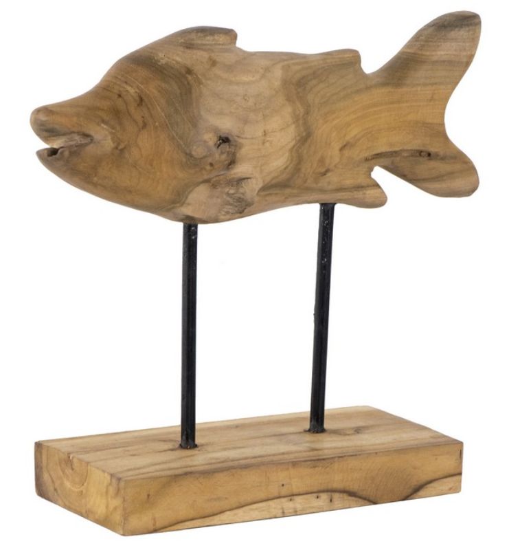 Handcrafted teak fish sculpture on stand, showcasing natural grain; a unique, rustic decor piece for modern interiors.