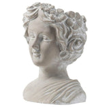 Elegant angel bust planter in whitewash stone finish, detailed with floral wreath, perfect for indoor or outdoor plant displays.