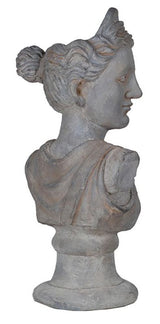 A 78cm gray goddess bust statue on a pedestal, blending elegance and tranquility in any garden decor.