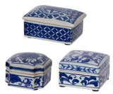 Set of 3 elegant blue and white porcelain boxes for stylish storage of jewelry and trinkets, measuring 102 x 72 x 51mm.