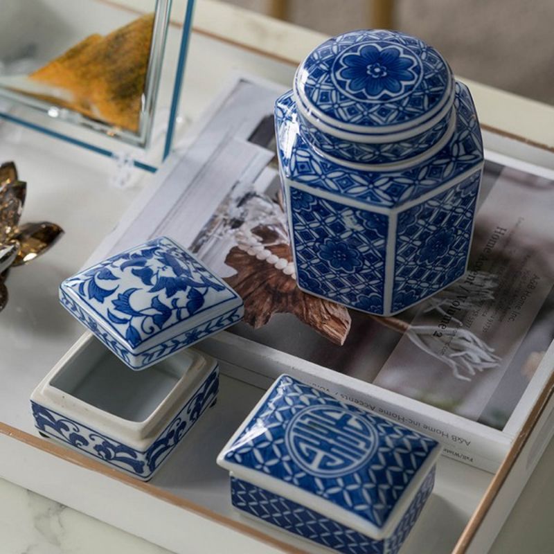 Elegant blue and white porcelain decorative boxes (set of 3) for stylish organization of jewelry and trinkets.