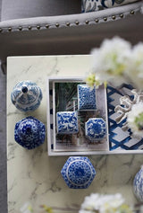 Set of 3 elegant porcelain decorative boxes with intricate blue and white patterns for stylish organization of jewelry and trinkets.