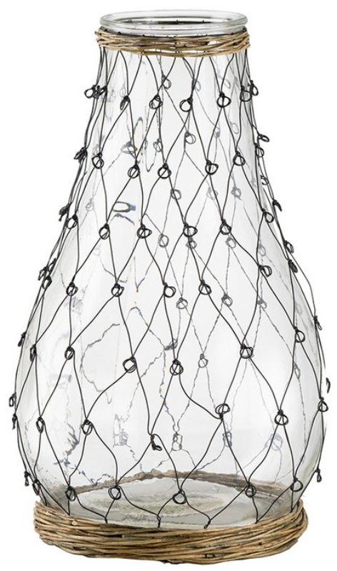 Teardrop-shaped clear glass vase wrapped in black metal wire, featuring willow accents for a modern rustic look.