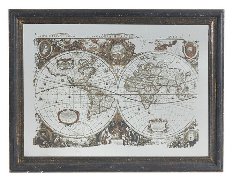 Mirrored world map wall art in a distressed dark frame adds elegance and depth to any room, ideal for travel enthusiasts.