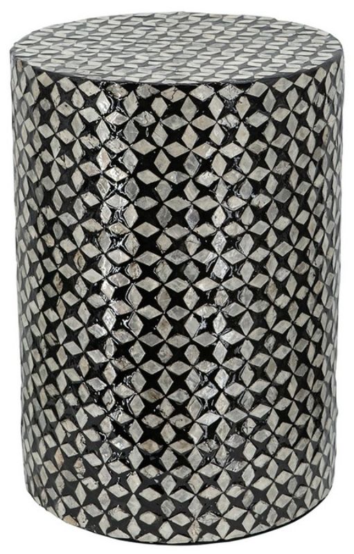 Stylish black accent stool/table with capiz inlay in a geometric pattern, perfect for modern living spaces at 45cm high.