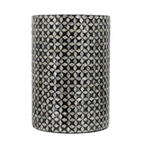 Black accent stool/table with 45cm height, featuring capiz inlay and geometric pattern, versatile for seating or decor.