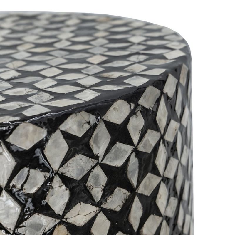 Black accent stool/table with geometric capiz inlay, 45cm high, versatile for seating or as a stylish tabletop in modern décor.