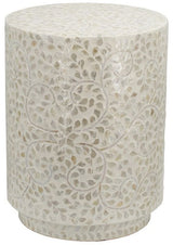 Stylish white accent stool/table with capiz accents, featuring a cylindrical shape for versatile use in any room.