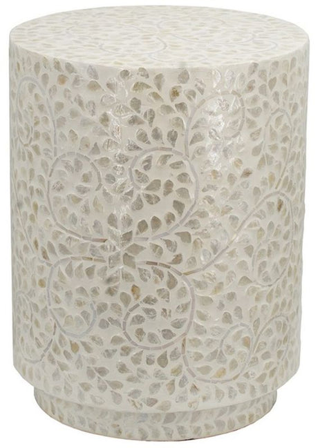 Stylish white accent stool/table with capiz accents, featuring a cylindrical shape for versatile use in any room.