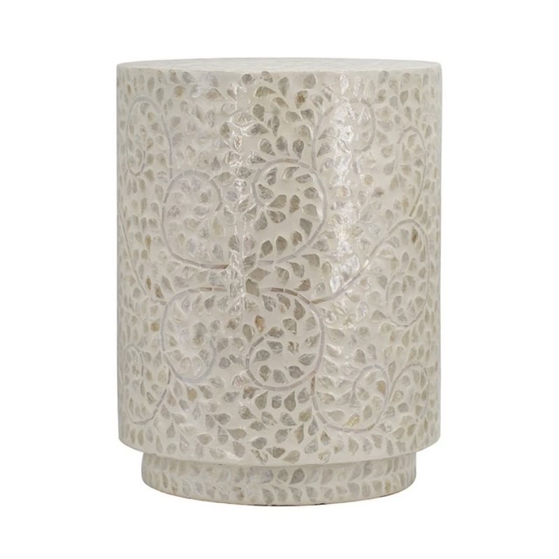 White accent stool/table featuring a sleek design, capiz accents, and a space-saving cylindrical form ideal for any room.