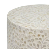 Modern white accent stool/table with capiz accents, ideal for small spaces, serving as seating or a stylish side table.