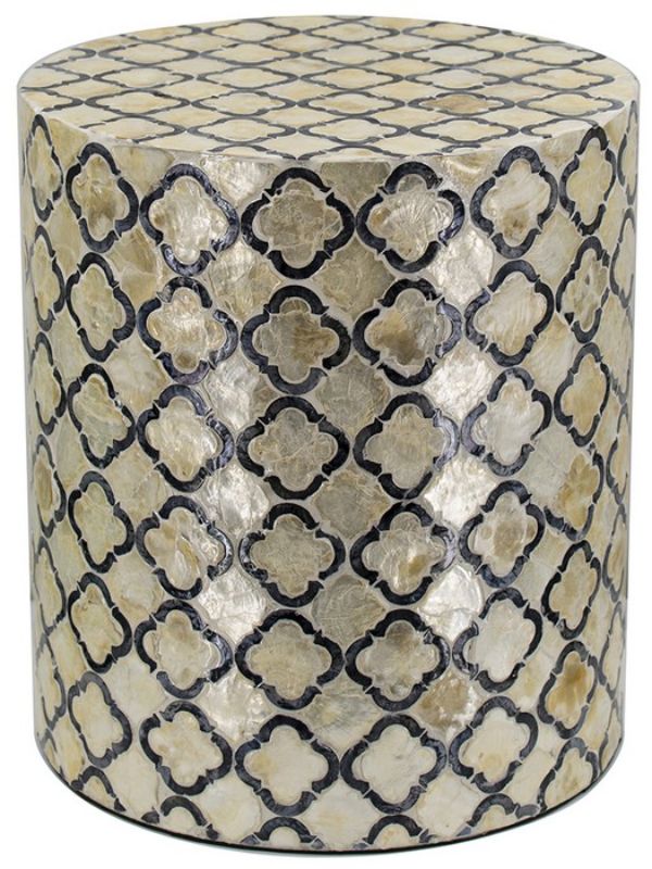 Accent stool/table with a stylish black and cream diamond pattern, featuring capiz inlay for versatile use in modern decor.