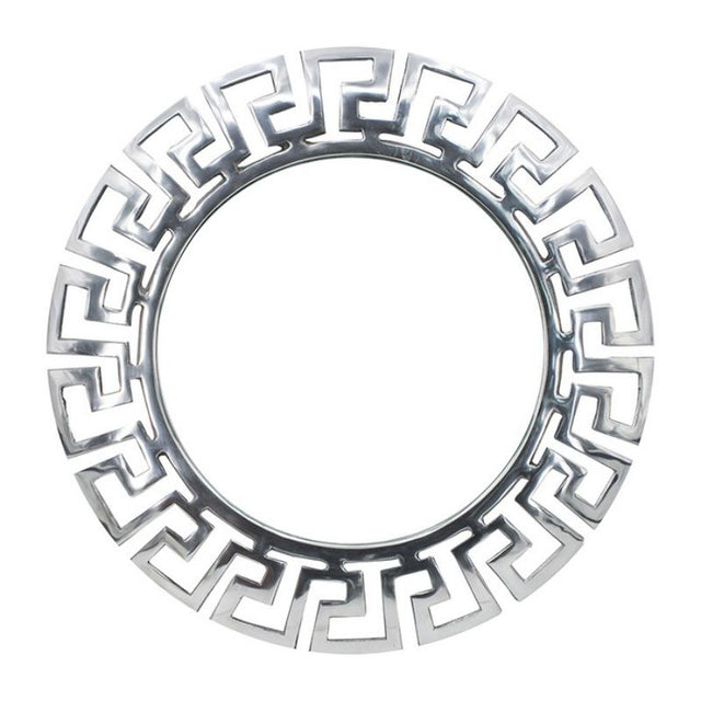 Round aluminum cut-out mirror with a nickel finish and Greek-style motif, perfect for adding elegance to any space.