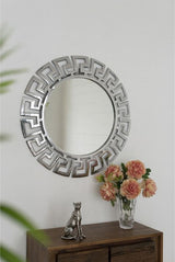 Stylish aluminum cut out mirror in nickel tone with Greek motif, enhancing any space with elegance and depth.