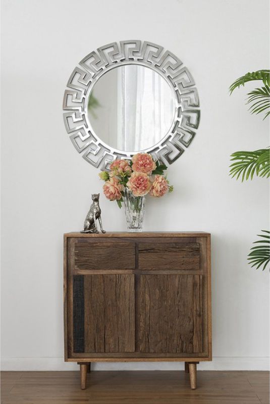 Aluminum cut out mirror in nickel finish with Greek-style motif, perfect for enhancing modern and classic interiors.