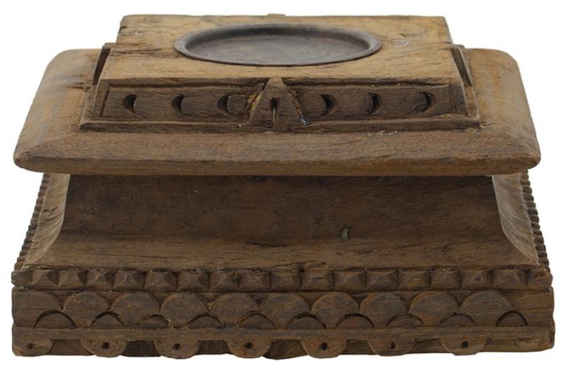 Antique carved pillar candle holder in rustic wood and metal, standing 114cm, perfect for vintage-inspired home decor.