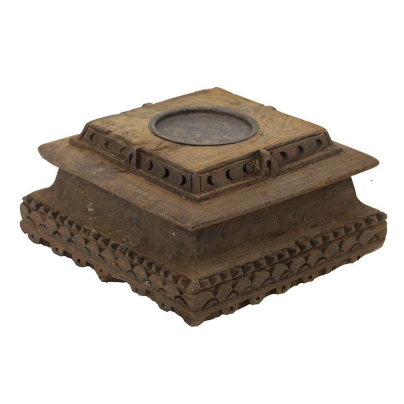 Antique carved pillar candle holder in rustic wood and metal, standing 114cm tall, perfect for vintage-inspired decor.