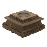 Antique carved pillar candle holder in rustic wood and metal, standing 114cm tall, perfect for vintage-inspired decor.