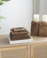 Antique carved pillar candle holder in distressed wood and metal, 114cm tall, adding vintage elegance to home decor.