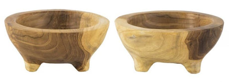 Set of 2 solid teak bowls with legs, showcasing unique grain patterns, ideal for decorative catch-alls and enhancing home decor.