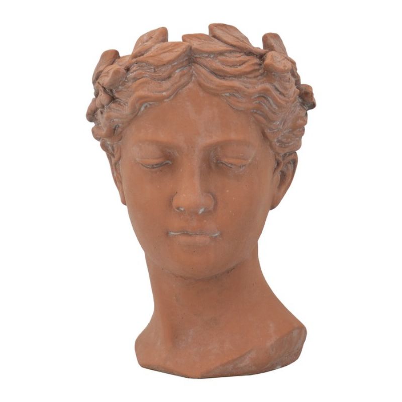 Terracotta visage head planter, 27cm tall, combines artistry and functionality for vibrant indoor and outdoor plant displays.