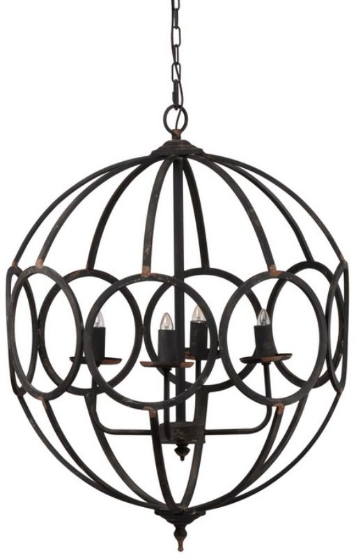 Vintage black iron orb chandelier with four lights, perfect as a focal point for any stylish interior space.
