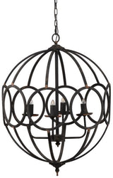 Vintage black iron orb chandelier with four lights, perfect as a focal point for any stylish interior space.