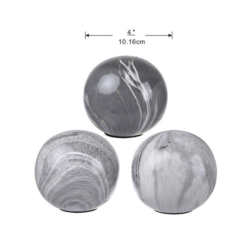 Set of 3 grey marbleized ceramic balls, 4 inches each, with elegant patterns for modern decor and versatile use.