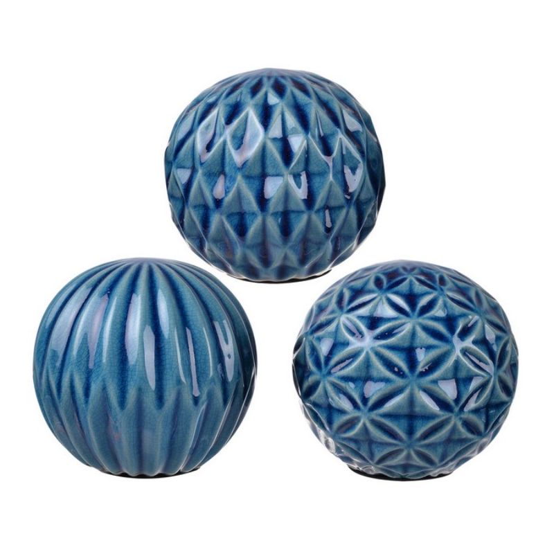 Set of 3 blue marbleised ceramic balls, each with unique patterns, perfect for enhancing home decor and floral displays.