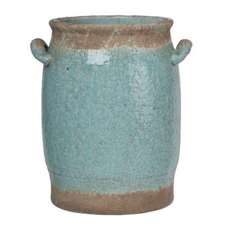 Turquoise ceramic vase with two handles, 30cm tall, perfect for decor, planters, or kitchen utensil storage.