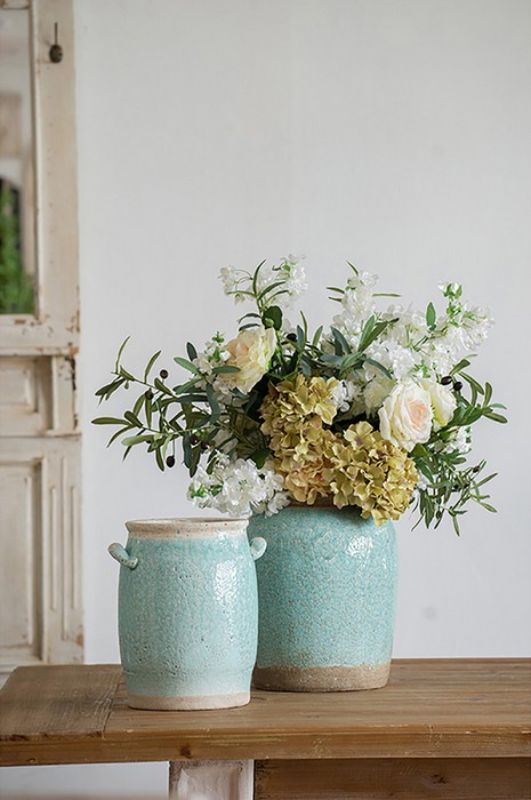 Turquoise Candia ceramic vase with two handles, 30cm, perfect for decor or as a rustic planter.