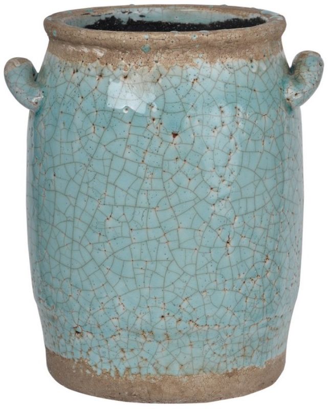 Turquoise Candia Ceramic Vase, 20cm, featuring a two-handled design, ideal for decor or plant display in various styles.