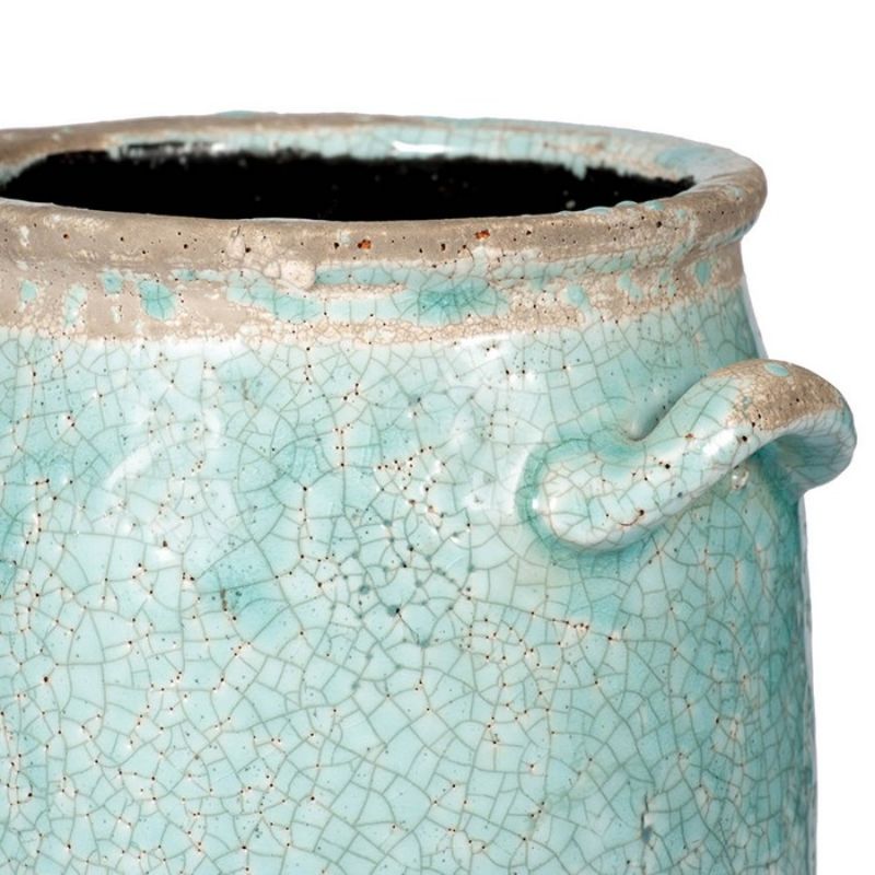 Turquoise Candia Ceramic Vase with two handles, 20cm tall, perfect for decor, planters, or kitchen utensil storage.