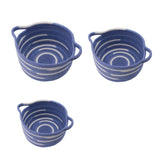 Set of 3 blue and white cotton planters with handles, perfect for organizing plants, blankets, and pillows stylishly.