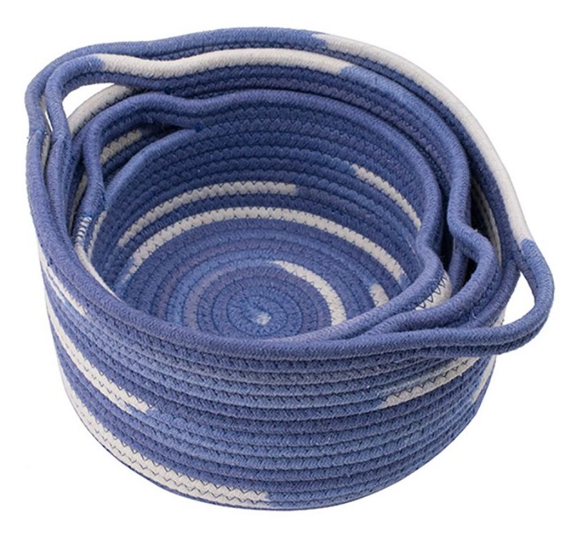 Cotton planters set of 3 in blue and white; stylish, woven baskets for organizing plants, blankets, and pillows.