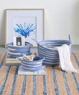 Set of 3 blue and white cotton planters with handles, ideal for organizing plants, blankets, and pillows stylishly.