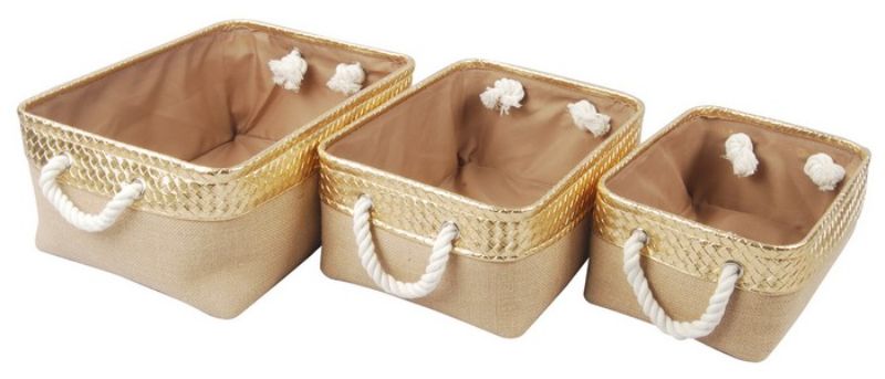 Set of 3 stylish jute baskets with gold faux leather accents and rope handles for versatile home organization.