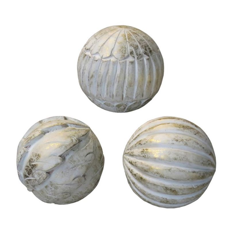 Carved mango wood spheres set of 3, elegantly finished, perfect for adding texture and style to home decor.