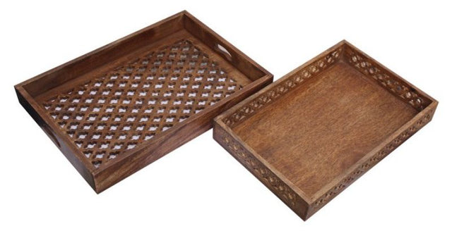 Elegant set of 2 mango wood trays featuring timeless patterns, perfect for serving or as stylish wall decor.