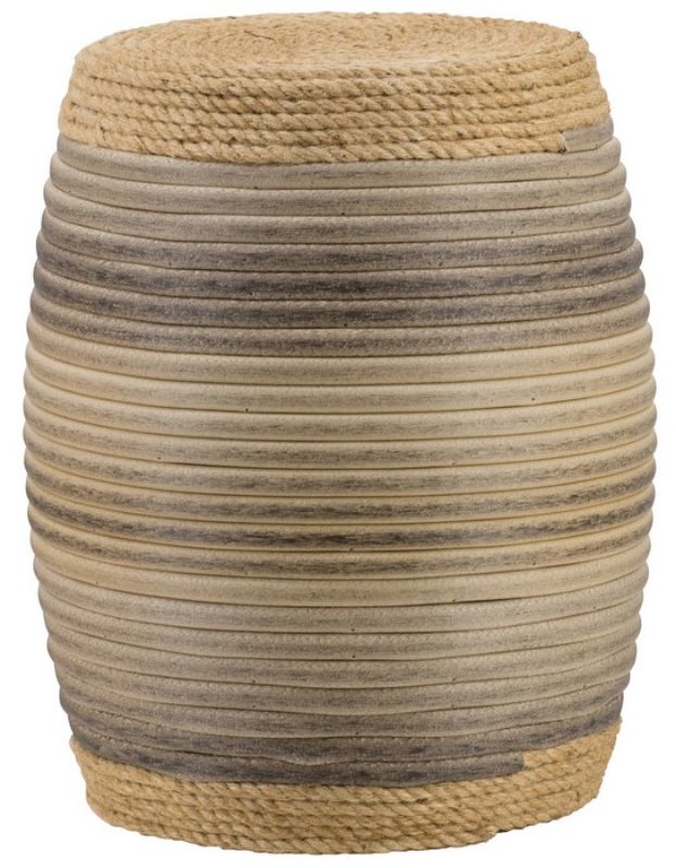 Rattan Drum Ottoman featuring a colorful rope wrap in blue and gray, ideal for decor and versatile surface use.