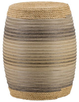 Rattan Drum Ottoman featuring a colorful rope wrap in blue and gray, ideal for decor and versatile surface use.