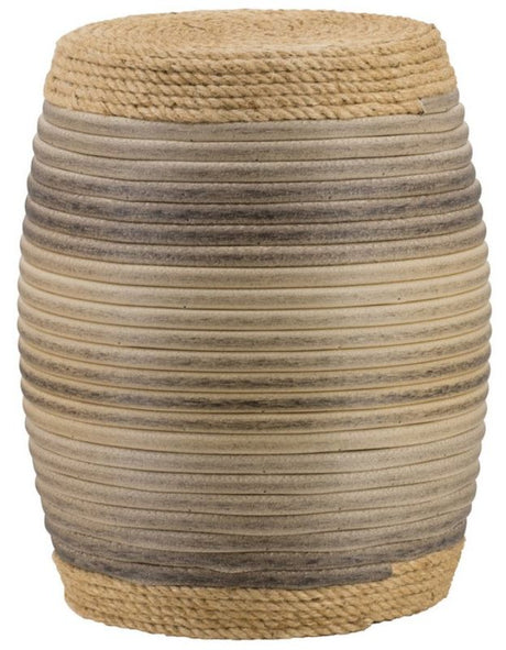 Rattan Drum Ottoman featuring a colorful rope wrap in blue and gray, ideal for decor and versatile surface use.